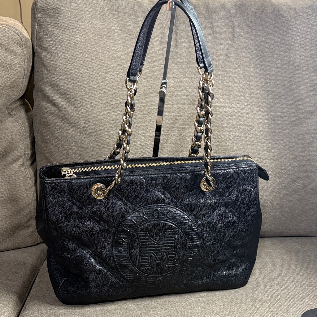Metrocity Black Quilted Leather Shoulder Tote With Gold Chain Straps